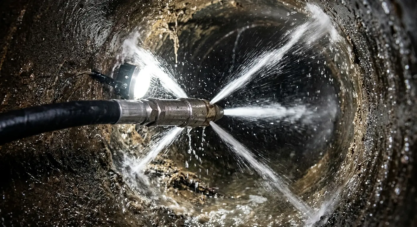 High-pressure hydro jetting nozzle cleaning sewer pipe for Sewer Cleanout in New Hyde Park