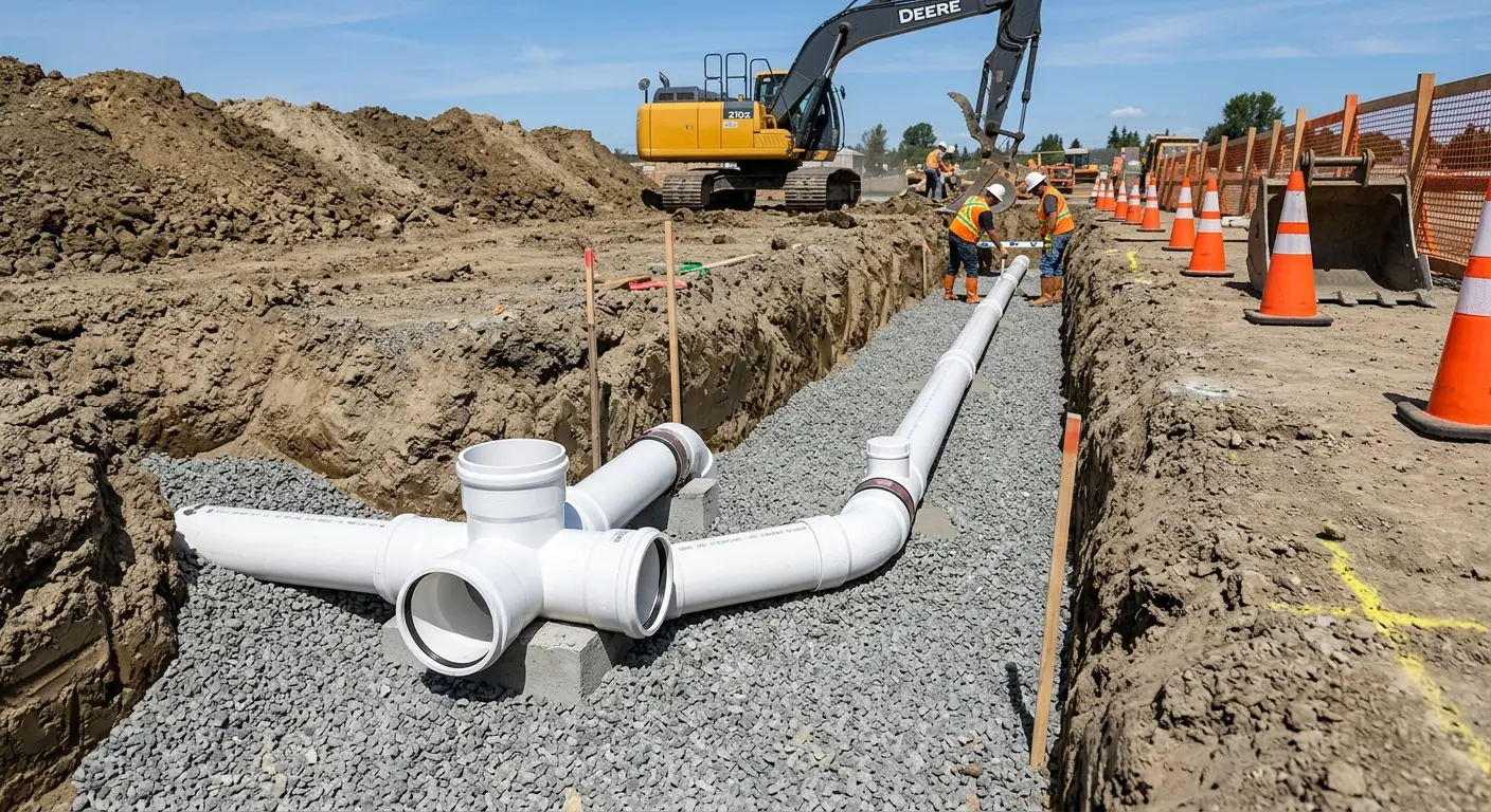 New PVC sewer pipe installation in open trench for Commercial Drain Cleaning in New Hyde Park