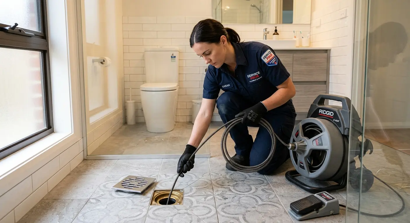 Technician clearing a bathroom floor drain for Sewer Line Replacement in New Hyde Park
